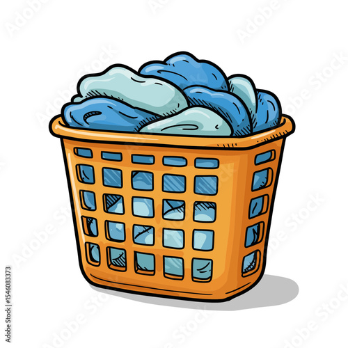 Orange Laundry Basket Full of Clothes Isolated on White Background. Clean or Dirty Laundry, Domestic Chores and Linen Care Concept, Illustration Style for Creative Projects.