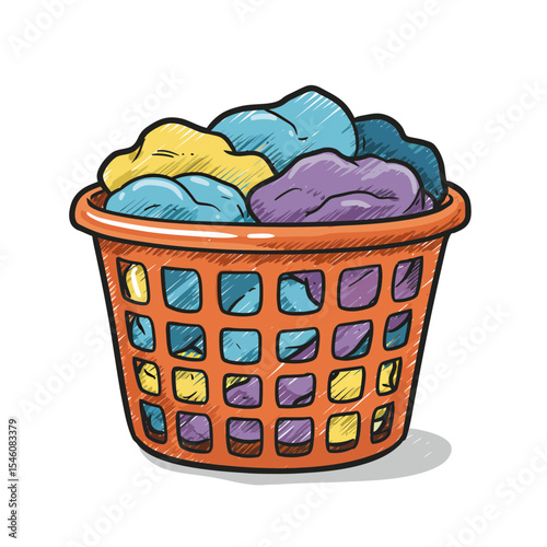 Hand-Drawn Laundry Basket Illustration Filled with Colorful Clothes, Perfect for Visualizing Chores and Household Tasks in a Fun and Playful Way for Cleaning Services