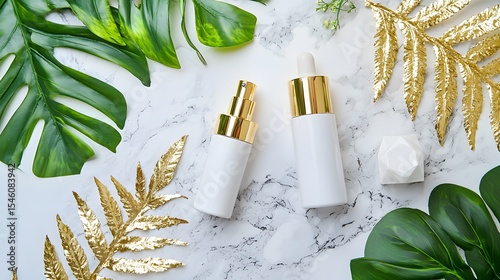 White Cosmetic Bottles with Gold Accents and Tropical Leaves on Marble
