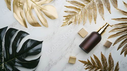 Brown Cosmetic Pump Bottle with Gold and Black Leaves on Marble
