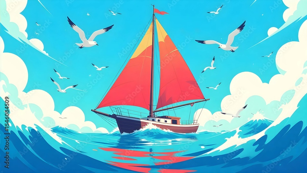 Naklejka premium A vibrant illustration of a sailboat at sea, surrounded by seagulls against a bright blue sky with fluffy clouds.