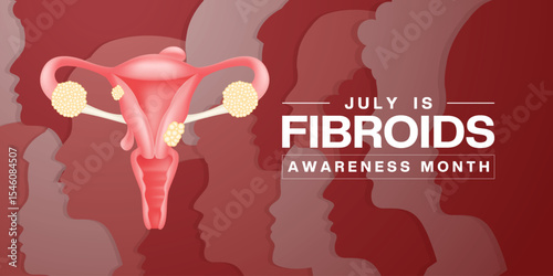 July Is Fibroids Awareness Month. Female reproductive organs and females. Suitable for posters, banners and social media. White background.