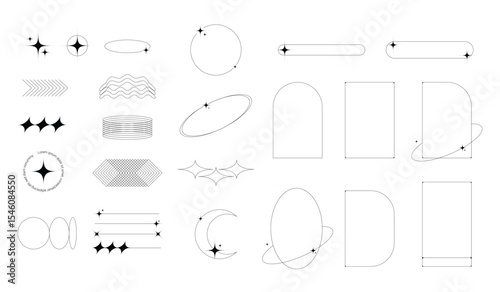 Minimalist linear frames with stars, modern aesthetic line elements, decorative sparkle borders. Abstract boho style oval and arch shapes, outline minimal geometric frame with sparkles vector set