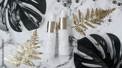  White Cosmetic Dropper Bottles with Black and Gold Leaves on Marble