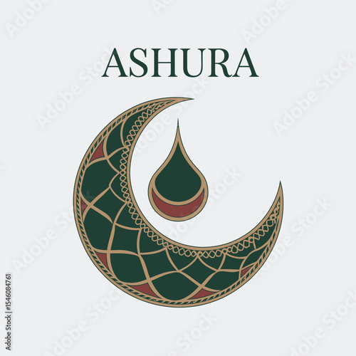 A clean, minimal vector illustration of a single Islamic crescent moon containing a centered ornamental teardrop shape symbolizing mourning and reflection. The crescent is stylized with subtle geometr