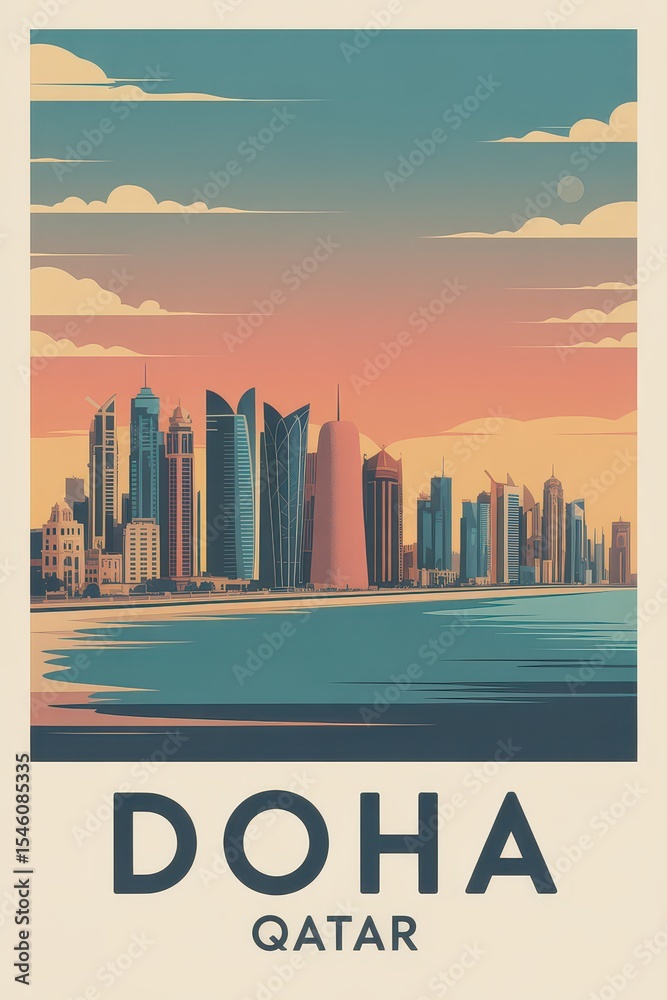 Obraz premium Vintage Travel Poster of Doha Skyline, Qatar