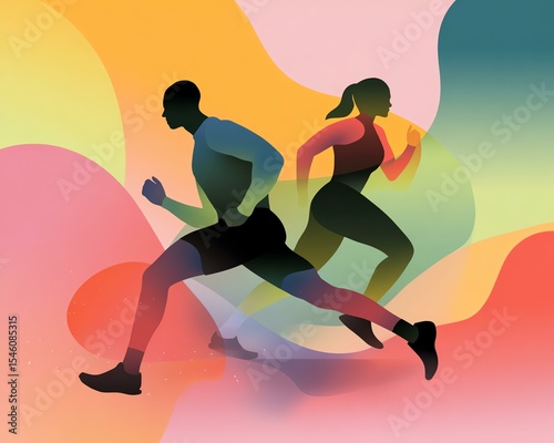 minimal style illustration for workout, training, active lifestyle design Dynamic runners in vibrant motion illustration.