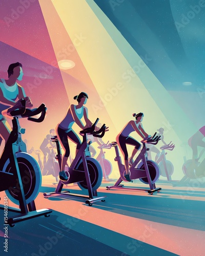 minimal style illustration for workout, training, active lifestyle design Energetic indoor cycling class in vibrant colors.
