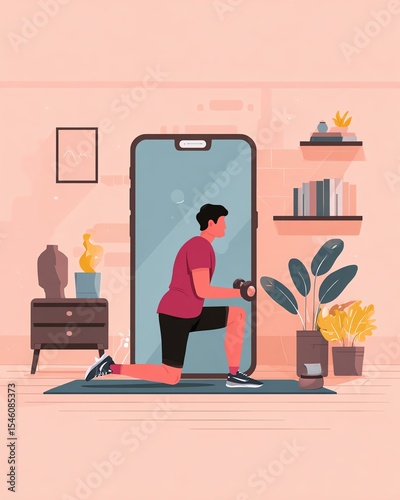 minimal style illustration for workout, training, active lifestyle design Man exercising at home with smartphone guidance.