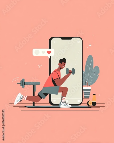 minimal style illustration for workout, training, active lifestyle design Person exercising with smartphone and dumbbell.