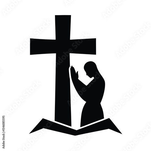 Religious cross with praying figure silhouette for church and devotion themed artwork