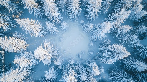 Aerial Top View of Snow-Covered Winter Forest with Clear Center