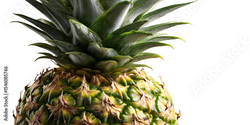 Closeup of whole pineapple displaying textured skin and green crown isolated on transparent background in studio lighting environment photo