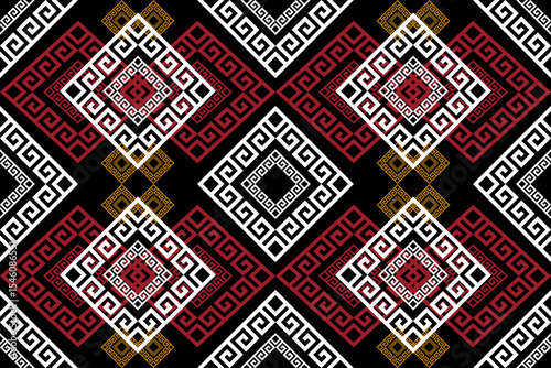 A traditional Thai Ikat fabric pattern in pixel art style featuring floral motifs, concentric diamond shapes, and a colorful arrangement of red, white, yellow, and black tones. Inspired by northern an