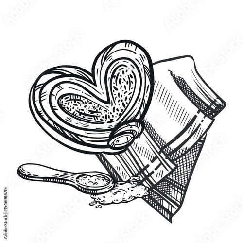 Sweet bun, cheesecake on a tablecloth and with a teaspoon. The process of baking. All objects are hand-drawn in vector. For printing on menus, in the interior of confectioneries, bakeries.