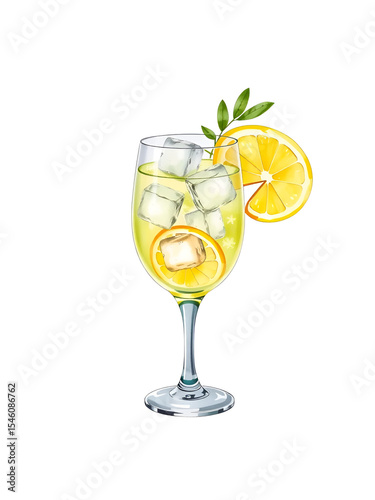 Limoncello cocktail spritz in glass goblet watercolor illustration. Hand drawn image of a lemon drink with ice cubes and lemon slices. For the menu and bar.