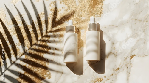 White Dropper Bottles with Palm Leaf Shadow on Gold and Marble Background