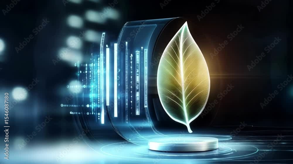 A glowing leaf with futuristic lights, symbolizing eco-friendly energy technology.

