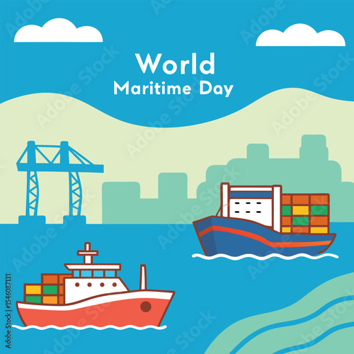 World Maritime Day Shipping Sea and Cargo Ships Illustration