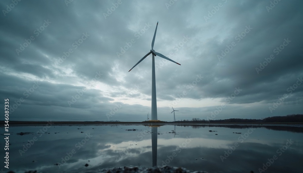 Obraz premium Wind turbine reflecting in water under cloudy sky 