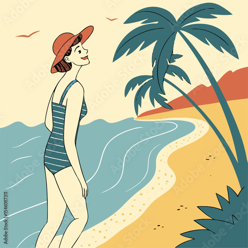 Retro-style summer vacation illustration with a woman relaxing on a tropical beach.