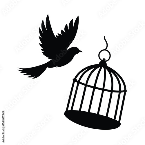 Bird flying from cage silhouette for freedom escape peace hope and liberty representation