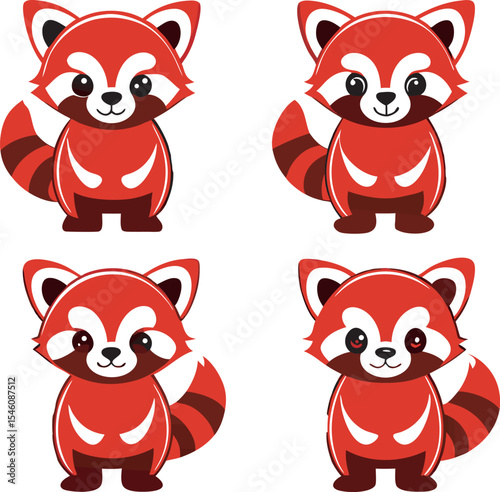 A charming collection of stylized red panda illustrations, showcasing the animal in various adorable poses with a playful and graphic aesthetic.