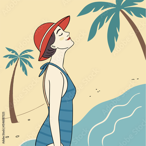 A fashionable woman in a tropical landscape with palm trees enjoys summer relaxation.