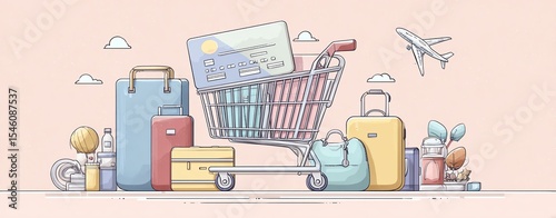Advertisements using credit cards for travel shopping ticket booking travel online Cart with luggage and travel essentials