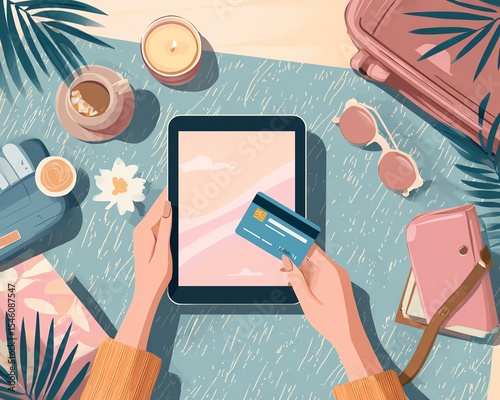 Advertisements using credit cards for travel shopping ticket booking travel online Chic tablet use with card in a stylish setting.