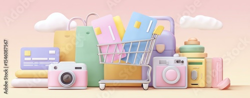 Advertisements using credit cards for travel shopping ticket booking travel online Colorful shopping items and accessories display.