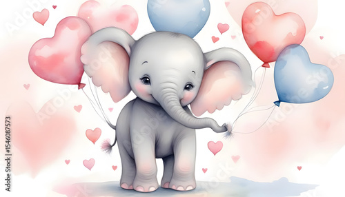 A charming baby elephant with heart-shaped balloons, perfect for Valentine's.