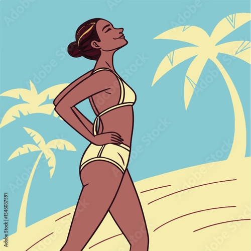 Confident woman in red bikini standing under palm trees in a summer-themed fashion illustration.