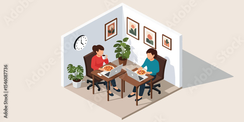 Two Colleagues Enjoying Lunch Break Together at Office Desk