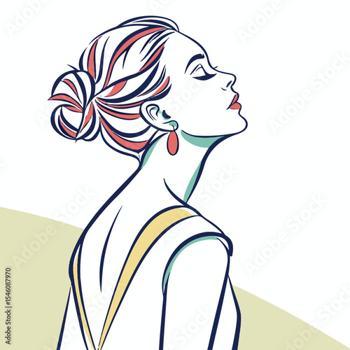 Modern portrait of a female with vibrant hair lines and abstract design perfect for fashion themes.