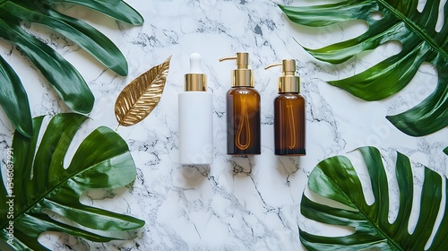 Flat lay of natural cosmetic products with tropical leaves and golden accents on a marble background