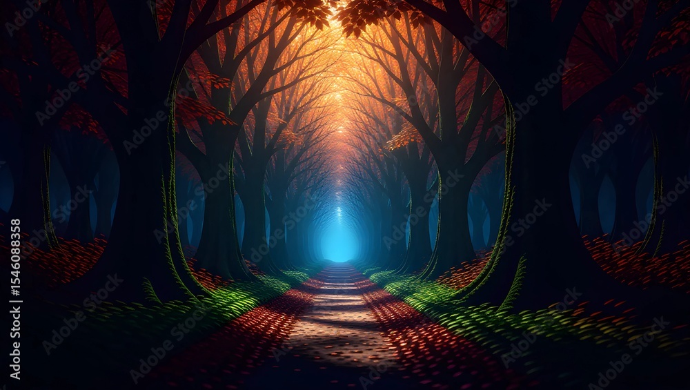 Obraz premium An ethereal forest path leads towards a glowing light. The trees form a tunnel, their branches reaching upwards.