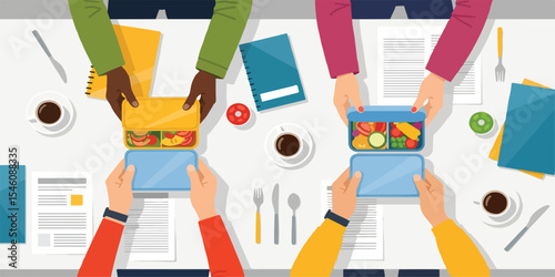 Healthy Workplace Lunch Colleagues Sharing Delicious and Nutritious Meals