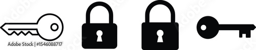A versatile set of four black key and lock icons, perfect for illustrating concepts of security, privacy, access, 