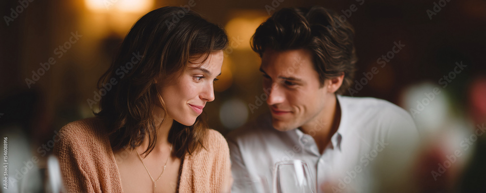 Fototapeta premium An intimate moment captured. A couple share a tender look over dinner, radiating warmth and affection. Perfect for illustrating relationships, romance, or special occasions.