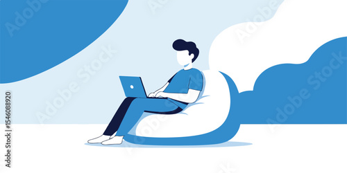 Relaxed Work from Home Man Working on Laptop in Comfortable Bean Bag Chair