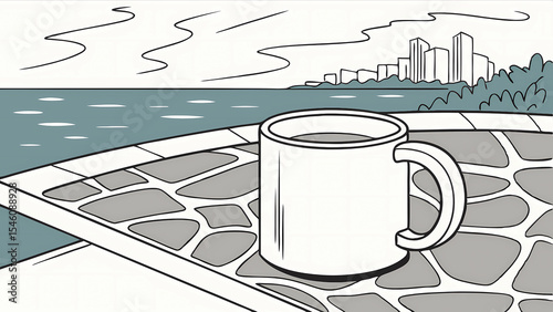 Coffee cup on balcony overlooking ocean cityscape morning relax vacation getaway illustration art 100