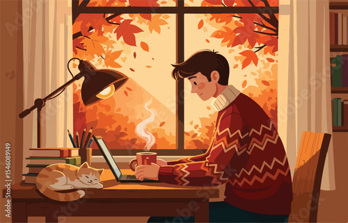 Cozy Autumn Day Working from Home with a Warm Drink and Cat