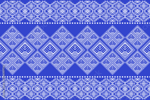 Traditional Praewa fabric pattern inspired by Thai textile culture, designed in geometric pixel art style. Features symmetrical diamond shapes and floral motifs in blue and white tones. Ideal for seam