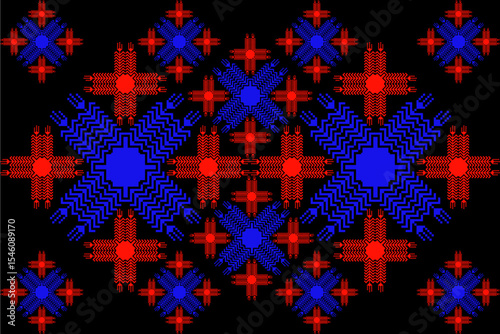 A bold red and blue pixel tribal pattern on black background, inspired by traditional ethnic textile motifs. This digital geometric fabric design blends heritage aesthetics with modern pixel art style