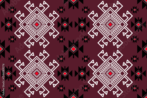 A traditional Thai tribal pattern with intricate geometric motifs in maroon, white, and black. The symmetrical design features concentric diamond shapes and spiral maze-like symbols, inspired by north