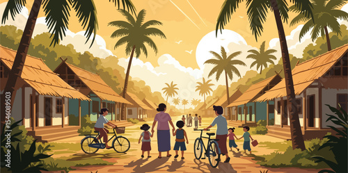Family Cycling Through Tropical Village at Sunset Idyllic Scene of Rural Life