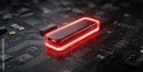 Sleek, rectangular device with red neon glow, rests on a complex circuit board, reflecting light