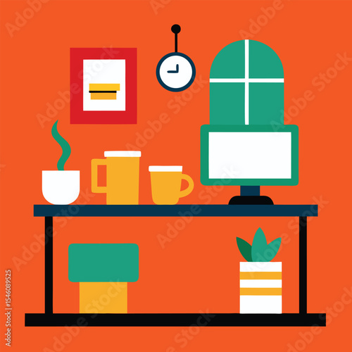 Cozy Home Office Workspace With Cup Of Tea Vector Illustration For Comfortable Working