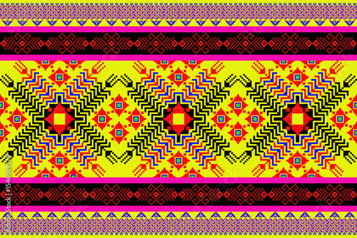  Vibrant pixel textile inspired by northeastern Thai (Isan) weaving traditions. The bold central sunburst motif radiates out in pixelated zigzag waves, using yellow, red, black, and electric blue. A 